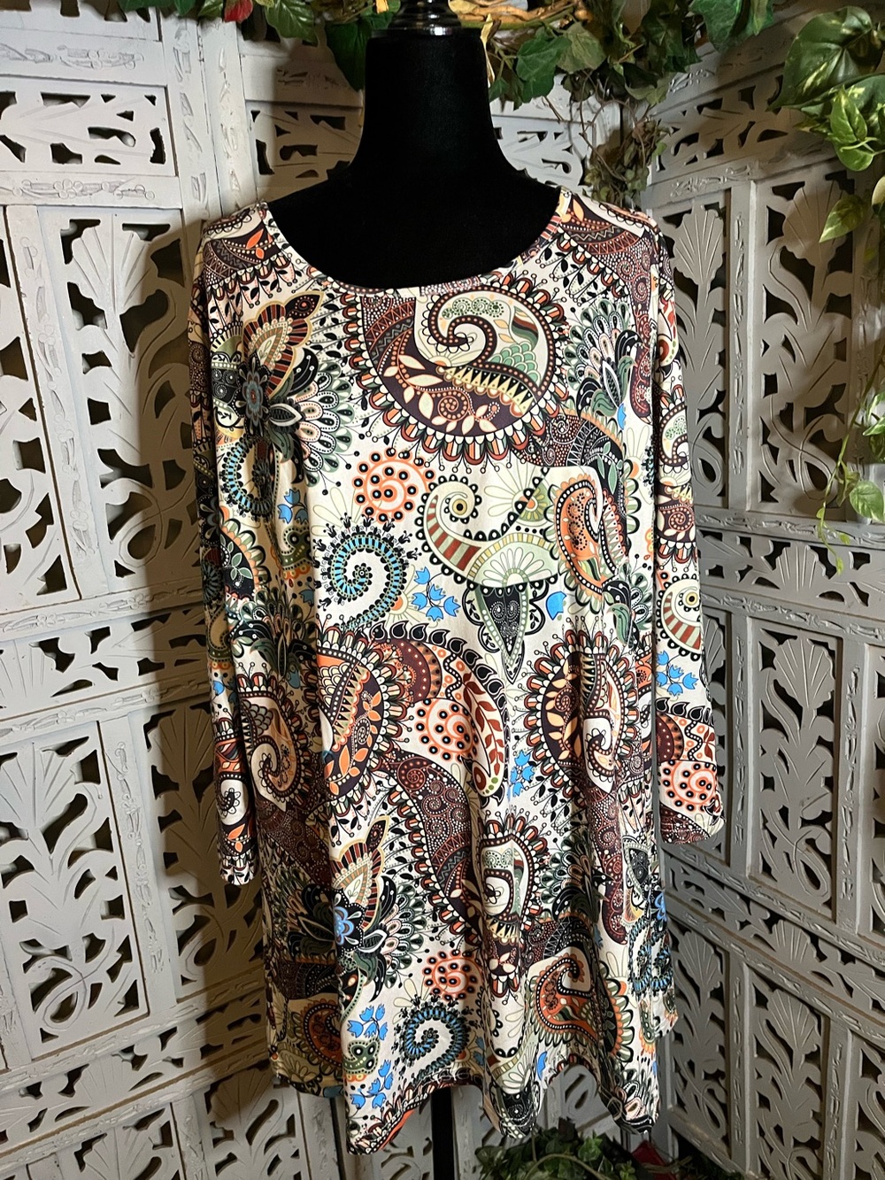 BRILLIANT BOHO BROWN & CREAM MULTICOLOR PAISLEY DESIGN MID SLEEVES PLUS SIZE TOP